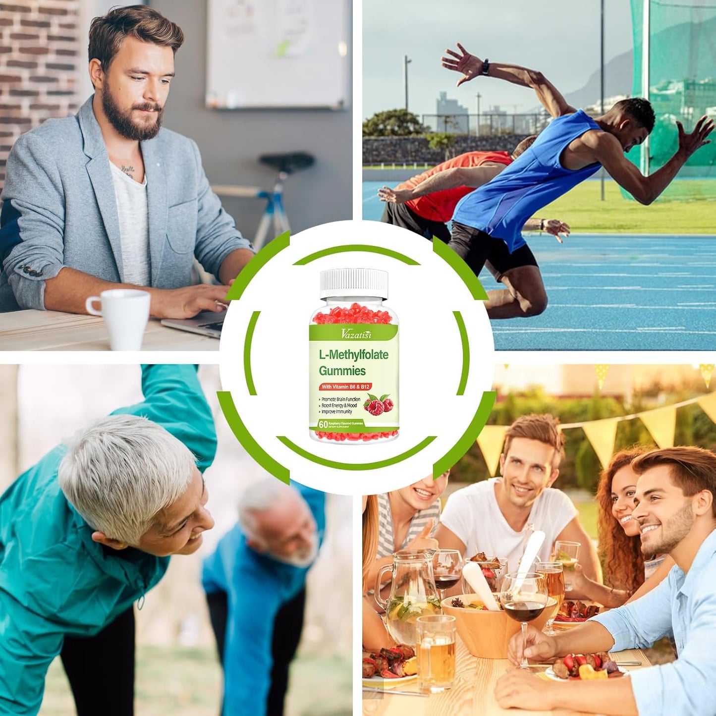 120 Count Vazatisi L-Methylfolate 15 mg Gummies with Methyl B12 - Raspberry Flavor for Mood, Brain Health, and Immune Support