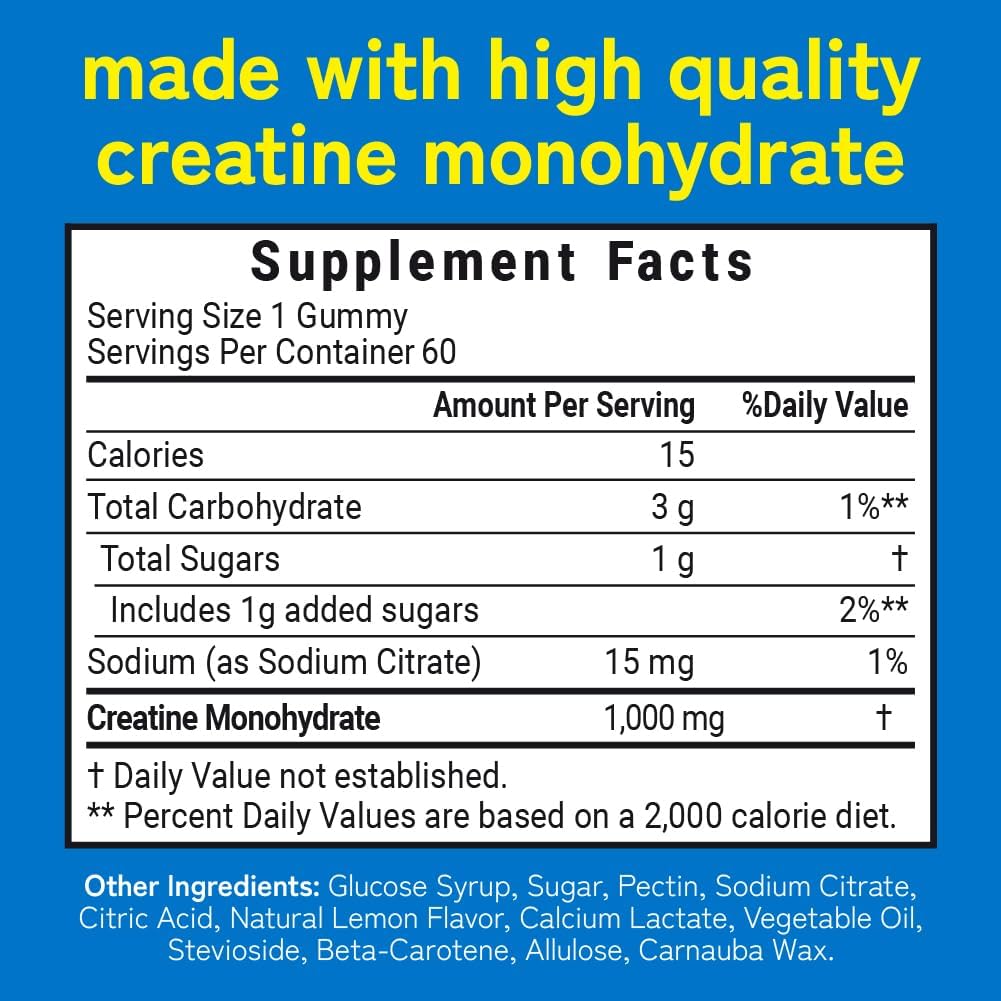 120 Count Vegan Lemon Flavored Creatine Gummies for Men & Women - 5g Per 5 Gummies - 2 Bottles with 60 Gummies Each