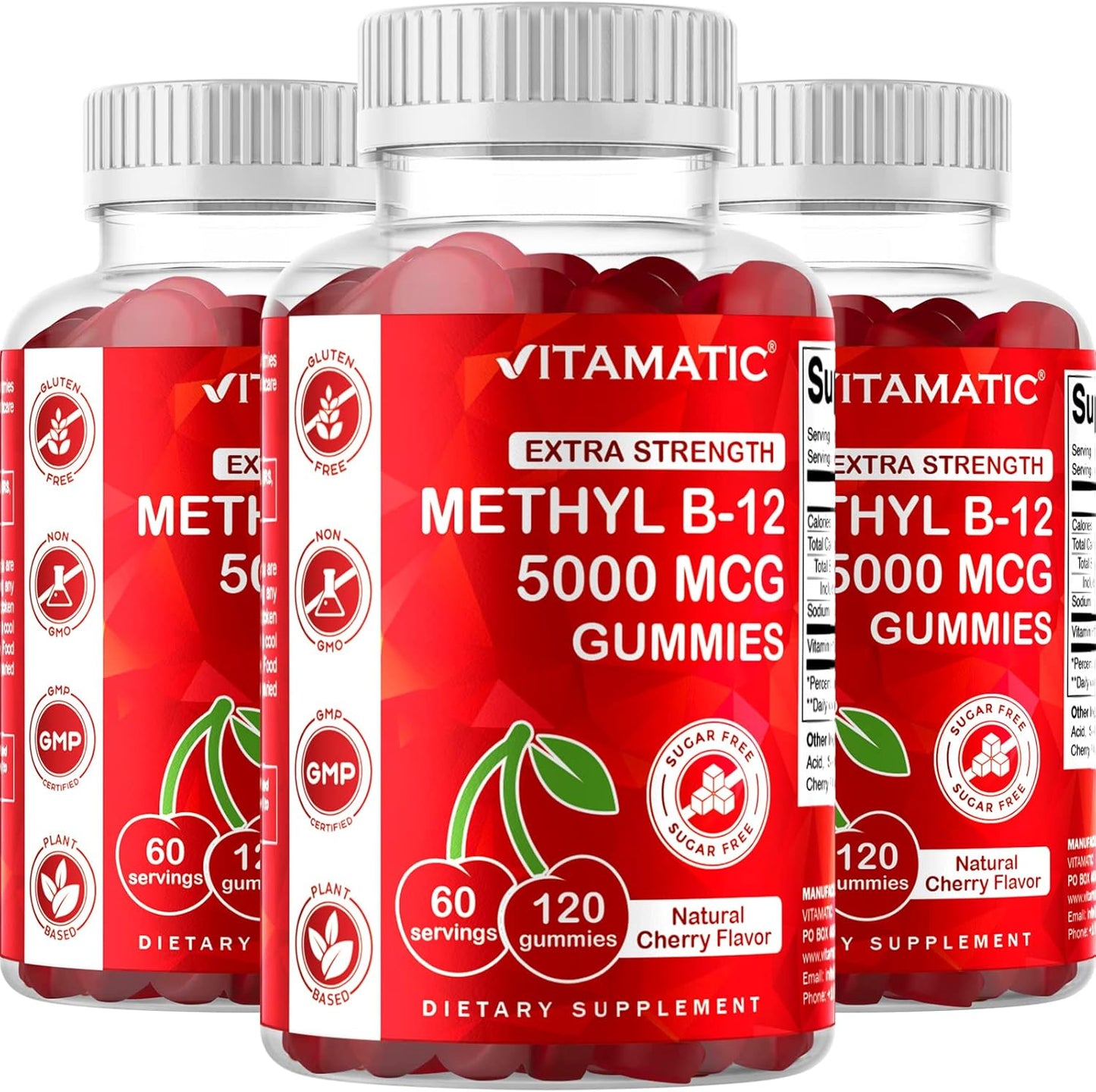 120 Count Vitamatic Extra Strength Methyl B12 5000 mcg Gummies for Energy and Nervous System Support - Natural Cherry Flavor
