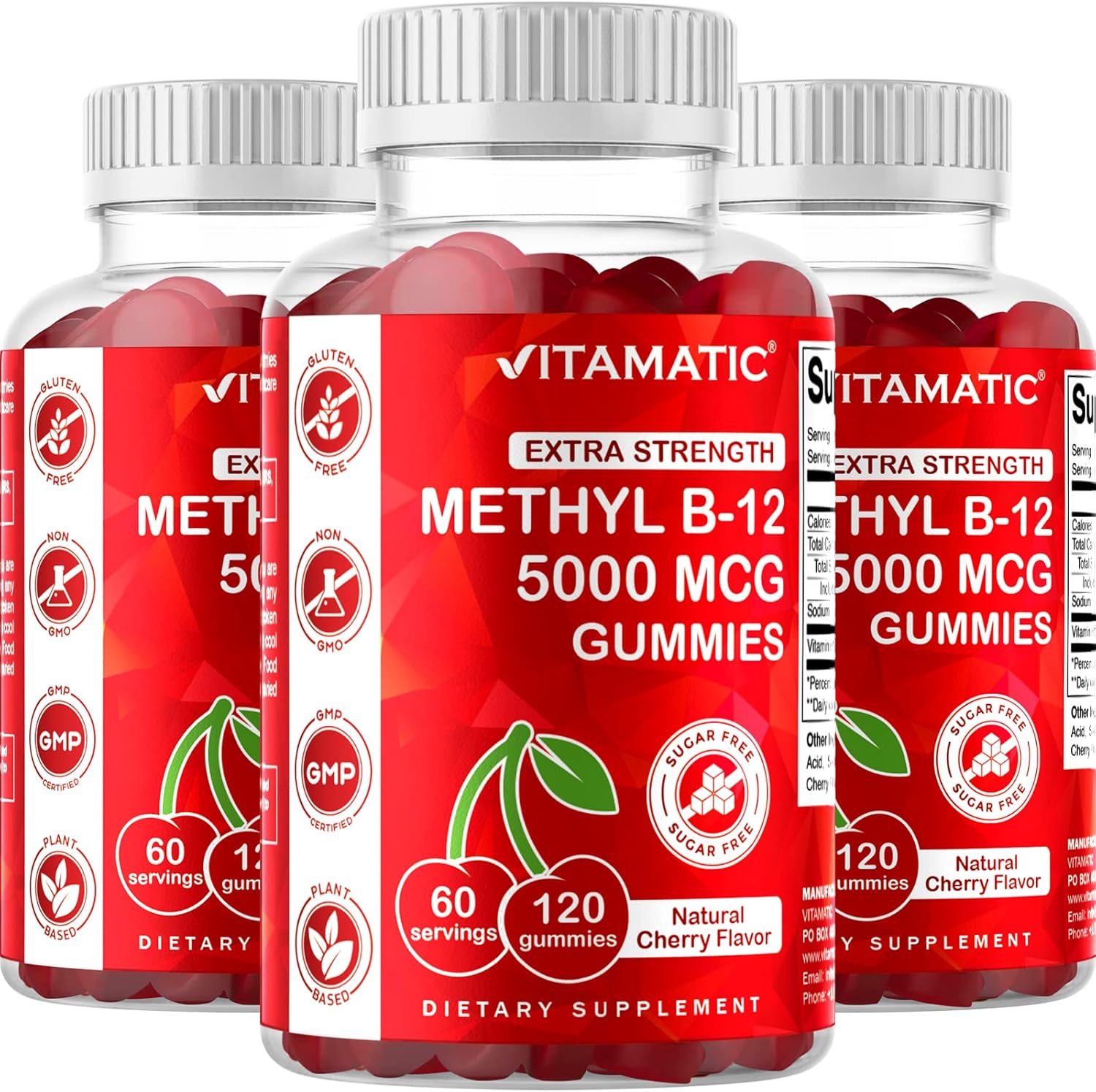 120 Count Vitamatic Extra Strength Methyl B12 5000 mcg Gummies for Energy and Nervous System Support - Natural Cherry Flavor