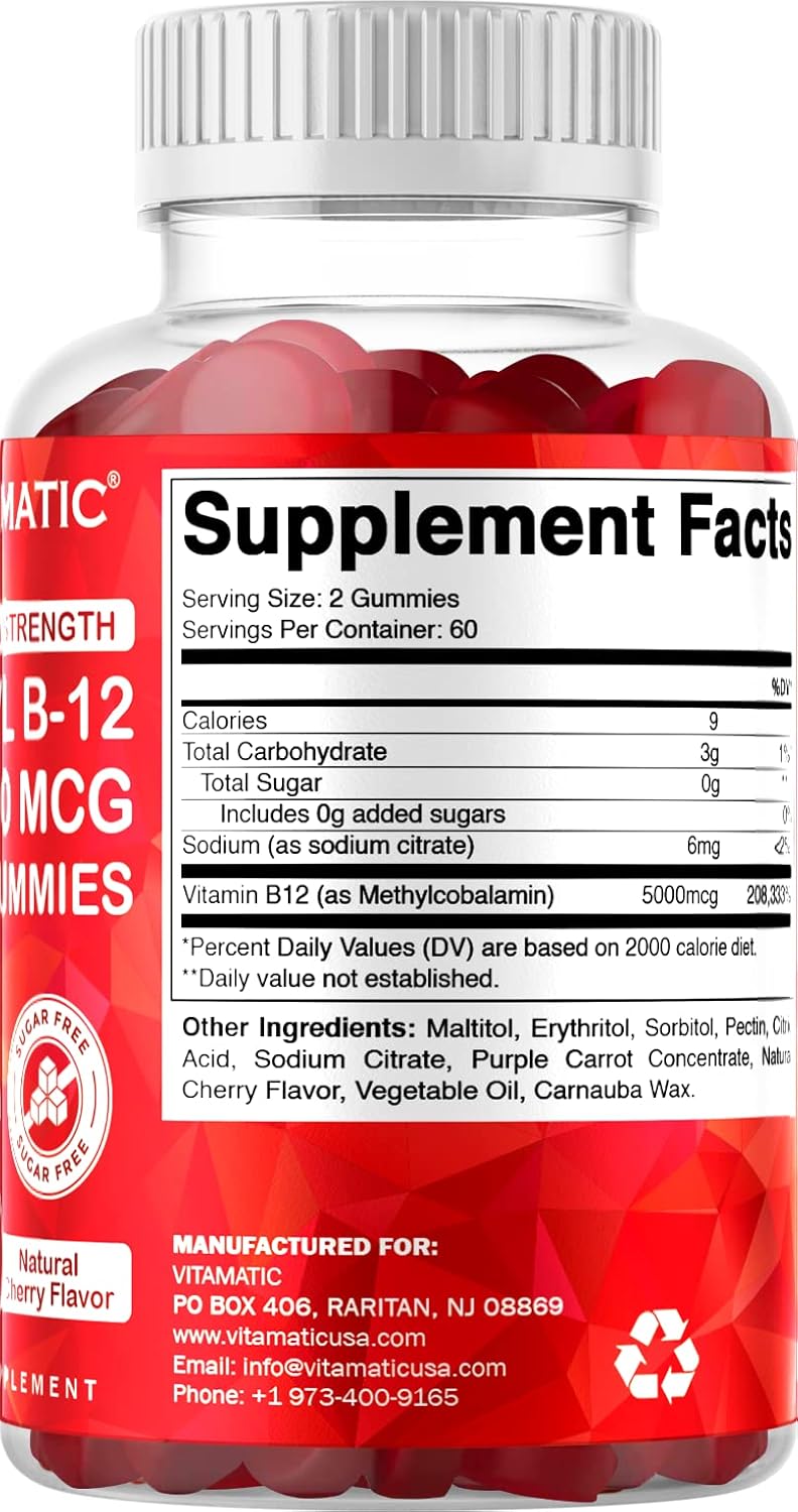 120 Count Vitamatic Extra Strength Methyl B12 5000 mcg Gummies for Energy and Nervous System Support - Natural Cherry Flavor