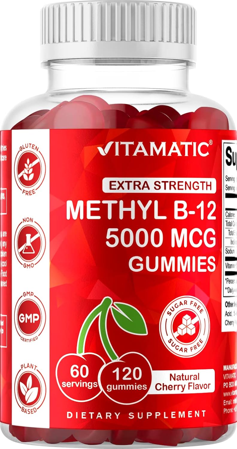 120 Count Vitamatic Extra Strength Methyl B12 5000 mcg Gummies for Energy and Nervous System Support - Natural Cherry Flavor