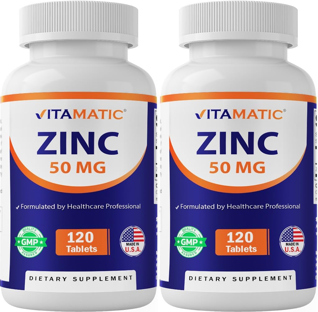 120 Count Vitamatic Zinc 50mg Tablets with Zinc Gluconate - Immune Support Supplement - 2 Pack of 240 Tablets