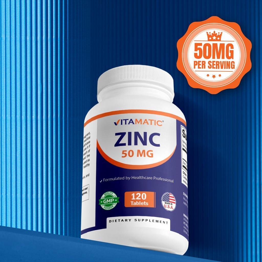 120 Count Vitamatic Zinc 50mg Tablets with Zinc Gluconate - Immune Support Supplement - 2 Pack of 240 Tablets