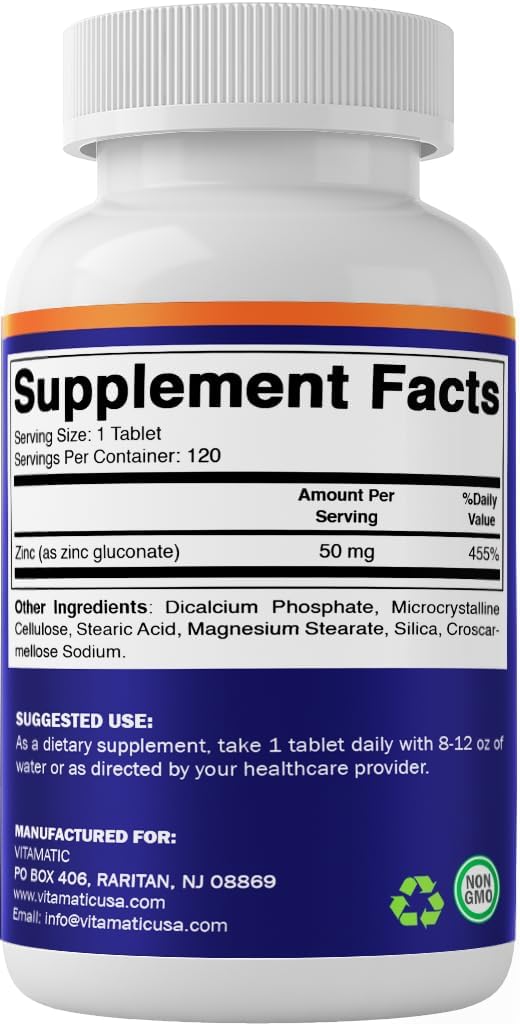 120 Count Vitamatic Zinc 50mg Tablets with Zinc Gluconate - Immune Support Supplement - 2 Pack of 240 Tablets