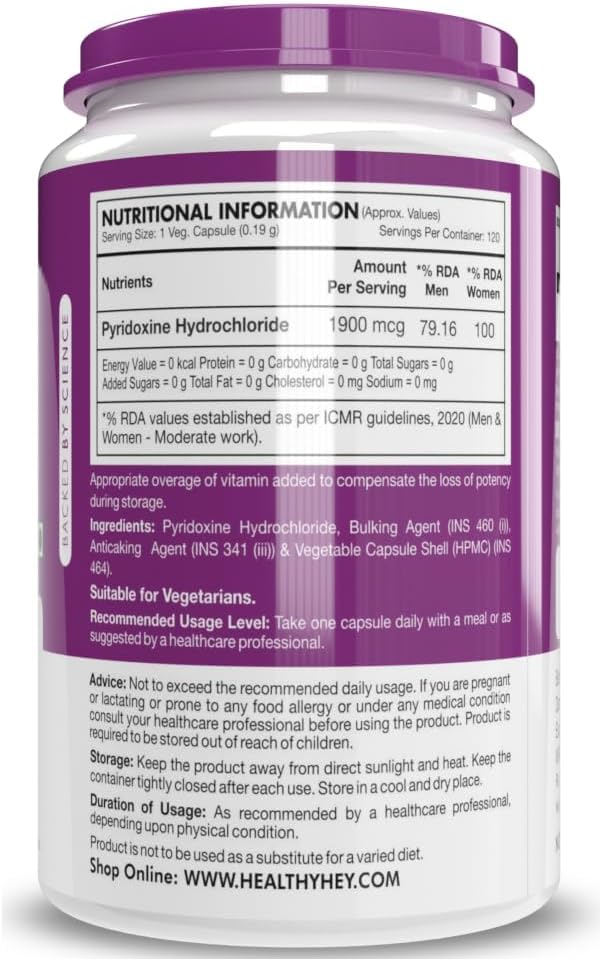 120 Count Vitamin B6 Pyridoxine Capsules - Vegetarian Friendly