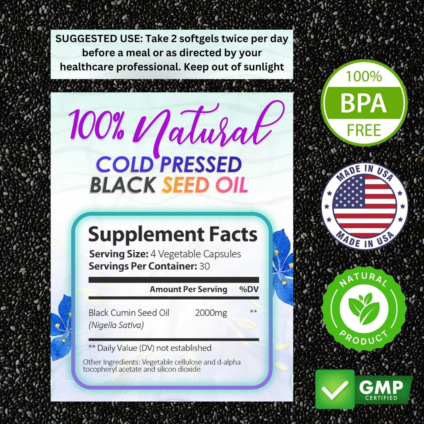 120 Count VIVANUTRA Black Seed Oil Capsules - Cold Pressed Turkish Nigella Sativa, 500mg Per Capsule - Made in USA