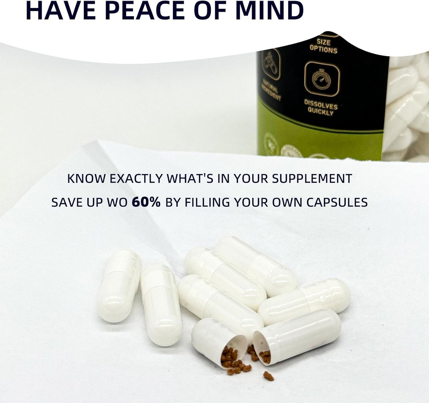 120 Count White Vegan King Size 0 Empty Capsules for DIY Supplement Filling