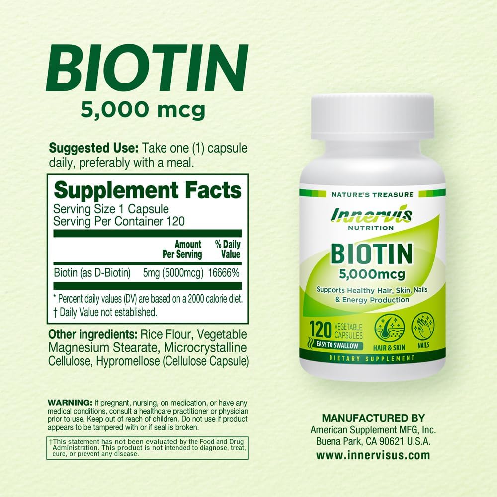 120-Day Supply of INNERVERSNUTRITION Biotin 5,000mcg Veggie Capsules for Hair, Skin & Nails - Easy-to-Swallow, Non-GMO - Made in USA - BoostGo Australia