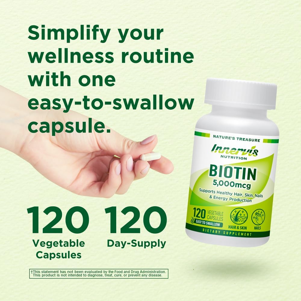120-Day Supply of INNERVERSNUTRITION Biotin 5,000mcg Veggie Capsules for Hair, Skin & Nails - Easy-to-Swallow, Non-GMO - Made in USA - BoostGo Australia