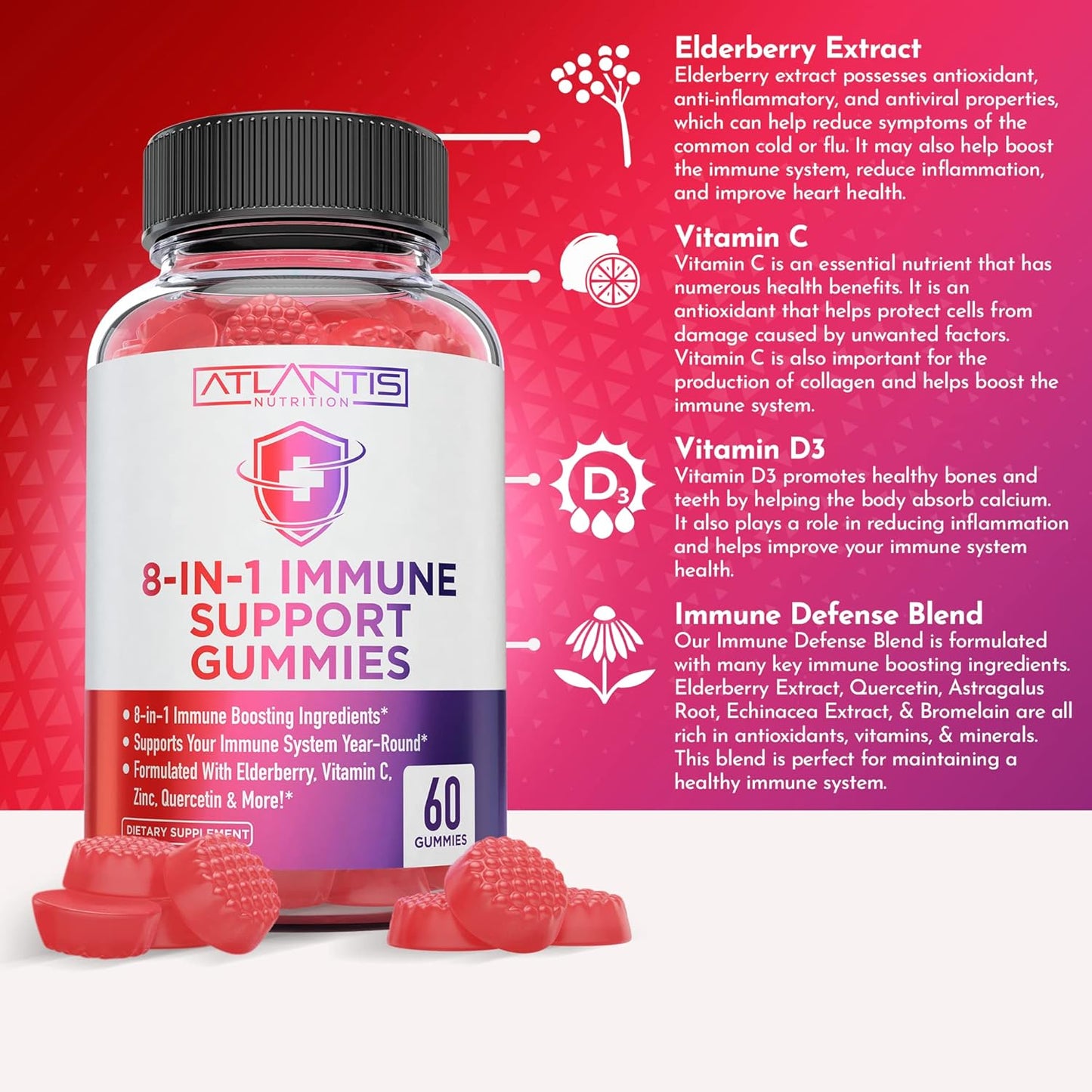 120 Gummies: Atlantis Nutrition Magnesium Citrate and Immune Support Formula