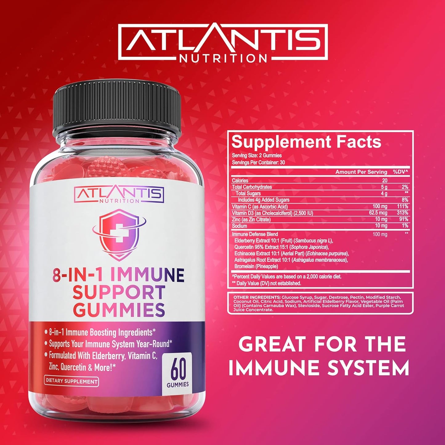120 Gummies: Atlantis Nutrition Magnesium Citrate and Immune Support Formula