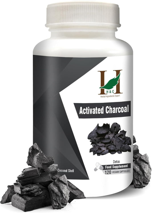 120 H&C Activated Charcoal Capsules 350mg - Coconut Shell Charcoal Detox Supplement