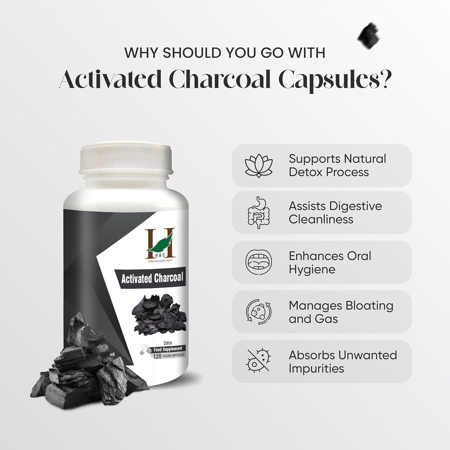 120 H&C Activated Charcoal Capsules 350mg - Coconut Shell Charcoal Detox Supplement