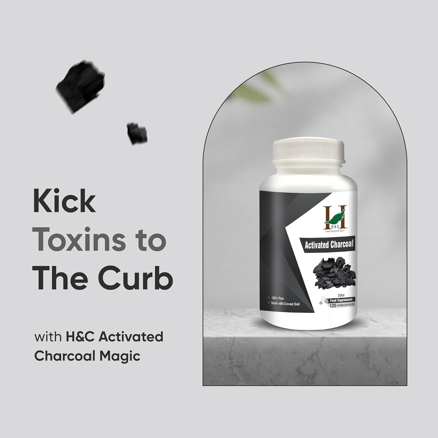 120 H&C Activated Charcoal Capsules 350mg - Coconut Shell Charcoal Detox Supplement