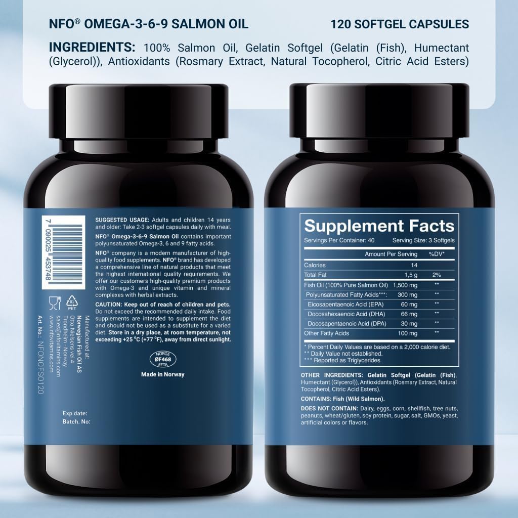 120 High-Dose Salmon Oil Capsules with Omega 3 6 9 from Fresh Wild Fish in Norway - Rich in DPA, EPA, DHA