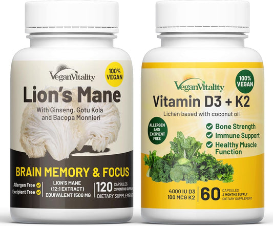 120 Lions Mane Mushroom Nootropic Brain Support + 60 Vegan Vitamin D3 + K2 Bundle for Brain & Body Balance