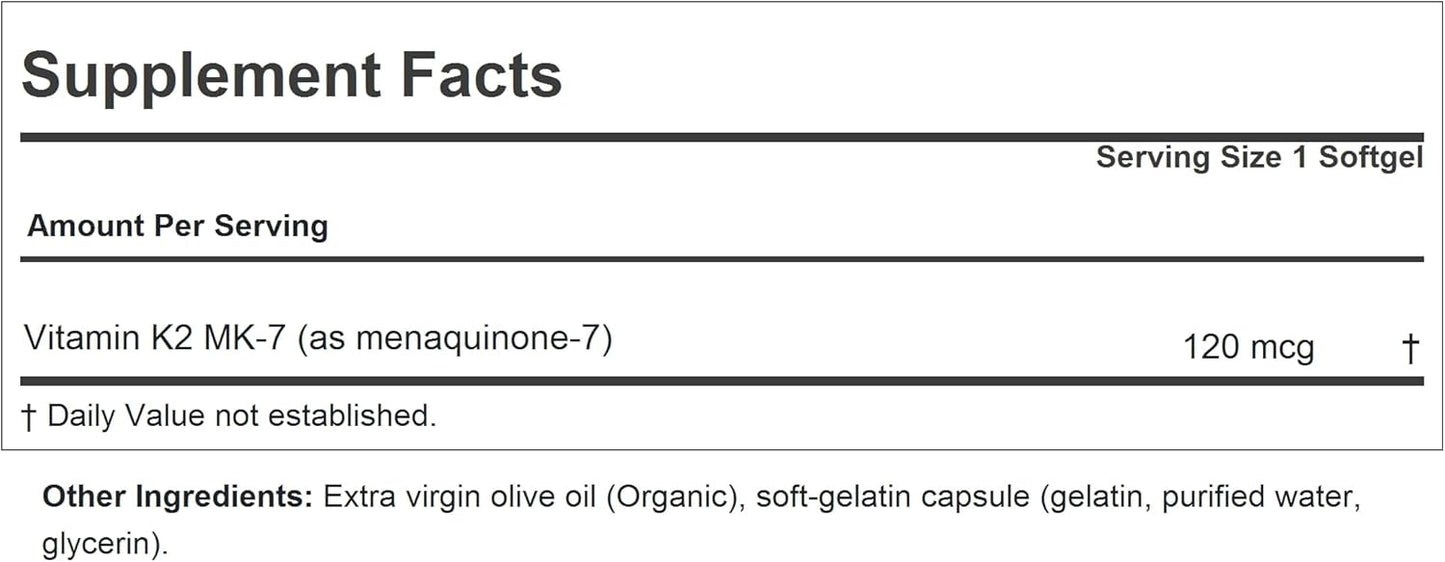 120 mcg Vitamin K2 MK7 Softgels for Bone, Heart, & Arterial Health - Pure & Additive-Free Formula, Easy to Swallow