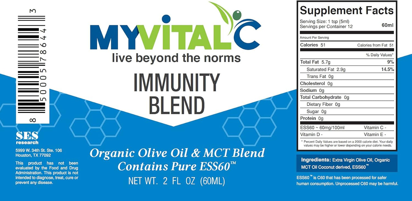 120 ML MyVitalC Immunity Blend: Organic Extra Virgin Olive Oil & MCT Supplement with ESS60 for Nootropic, Focus, Sleep, Antioxidant, Energy, Longevity & Immunity