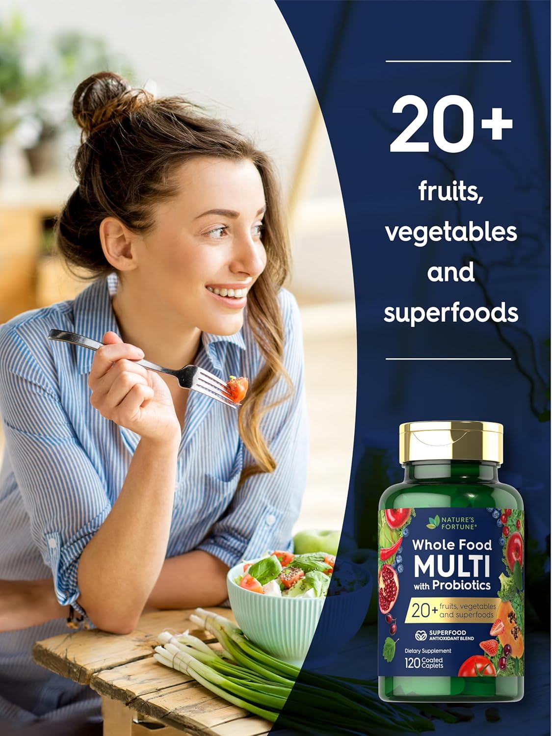 120 Nature's Fortune Whole Food Multivitamin Coated Caplets with Probiotics - Non-GMO & Gluten Free