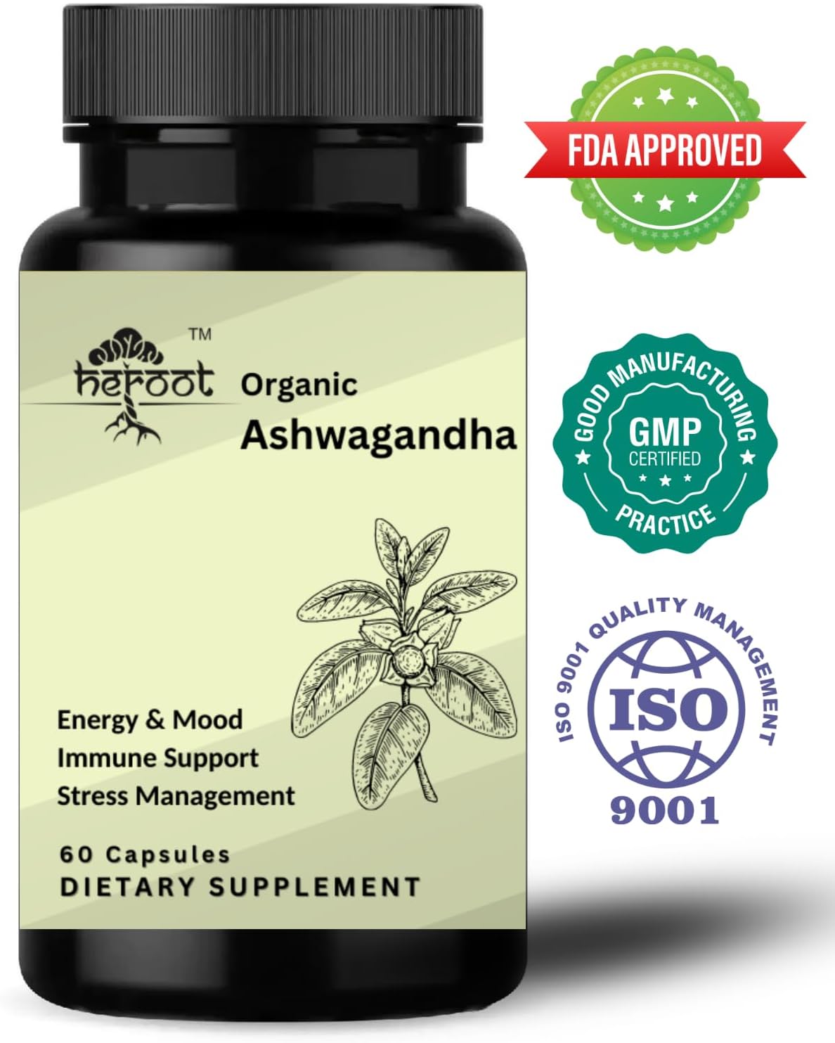 120 Organic Ashwagandha Capsules for Stress Relief and Mood Enhancement - Pure Powder and Root Extract