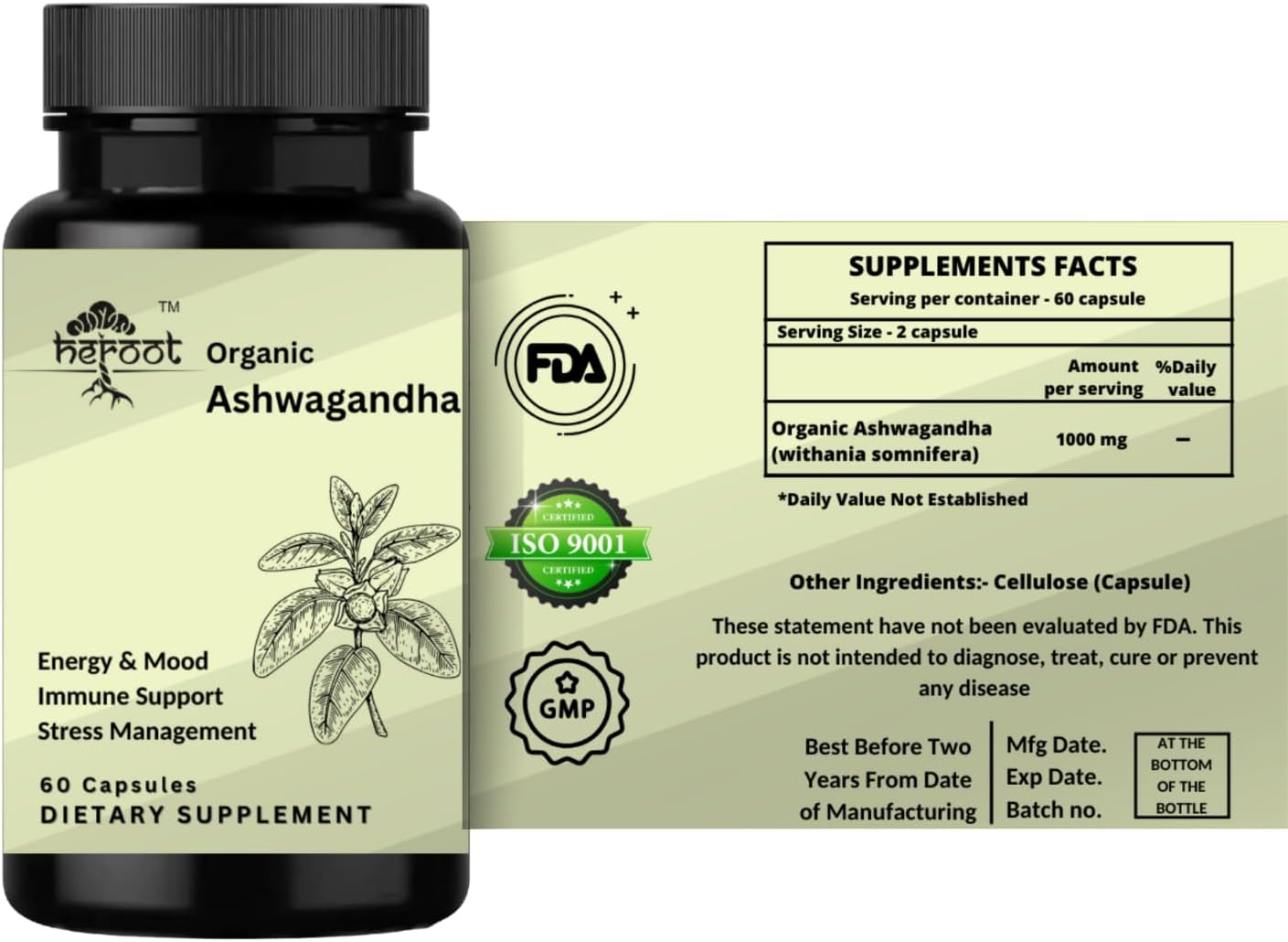 120 Organic Ashwagandha Capsules for Stress Relief and Mood Enhancement - Pure Powder and Root Extract
