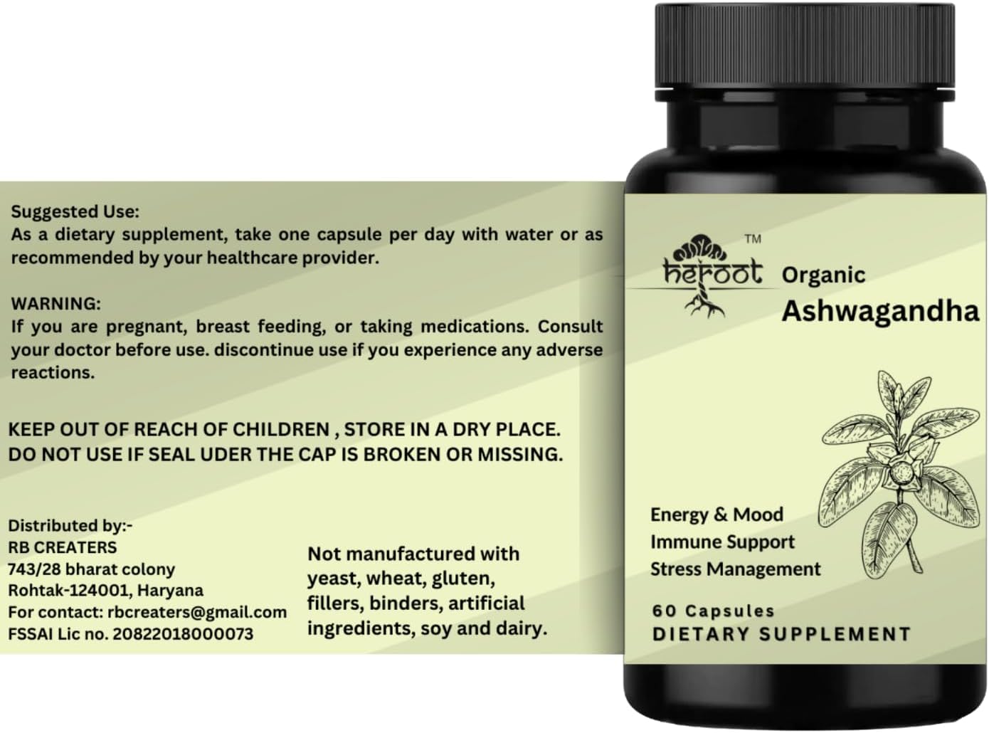 120 Organic Ashwagandha Capsules for Stress Relief and Mood Enhancement - Pure Powder and Root Extract