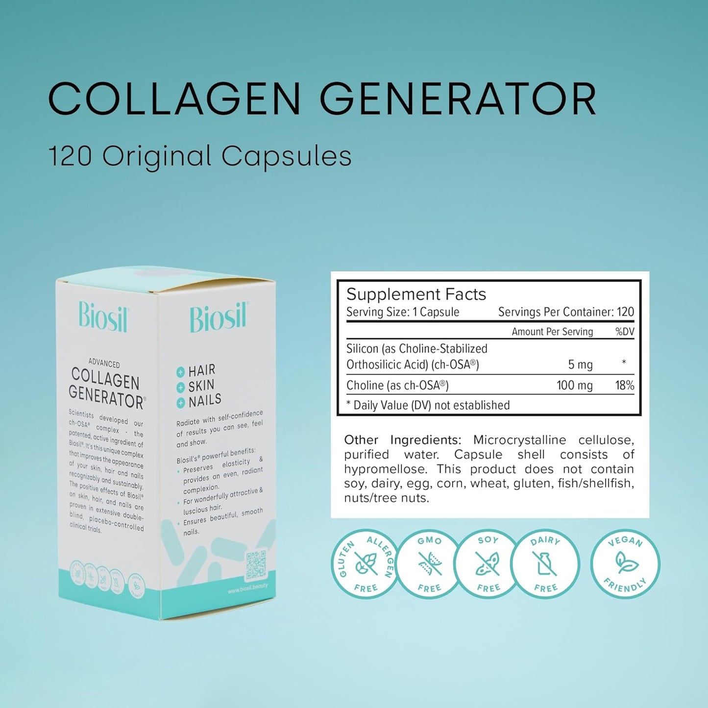120 Original Capsules of Biosil Collagen Generator with Patented ch-OSA Complex for Generating and Protecting Your Own Collagen - Non-GMO Formula - 60-Day Supply