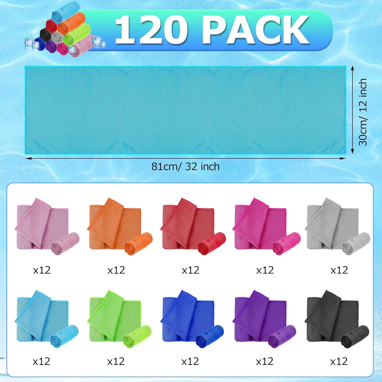 120 Pack Menoly Cooling Towels for Neck - 32"x12" Ice Towels for Sports, Gym, Yoga, Camping, Running - Soft Microfiber Chilly Towel for Fitness & More