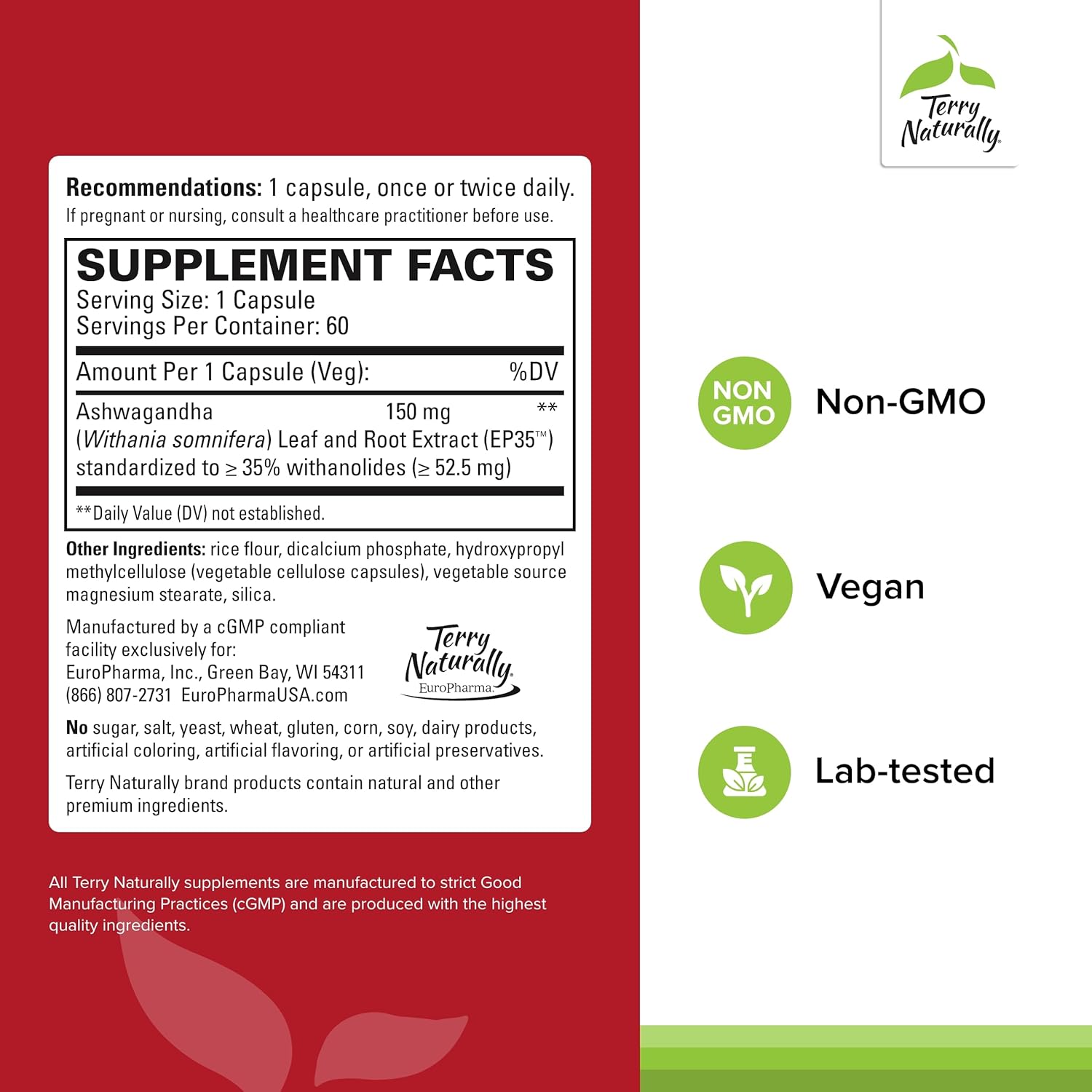 120 Servings of Terry Naturally Ashwagandha EP35 Extra Strength Capsules - Powerful Adaptogen - Non-GMO, Vegan - Pack of 2 - BoostGo Australia