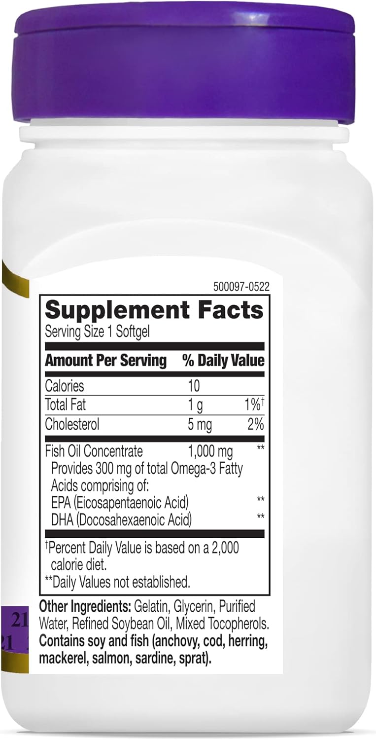 120 Softgels of 21st Century Fish Oil 1000 Mg (2-Pack) for Heart Health and Omega-3 Support