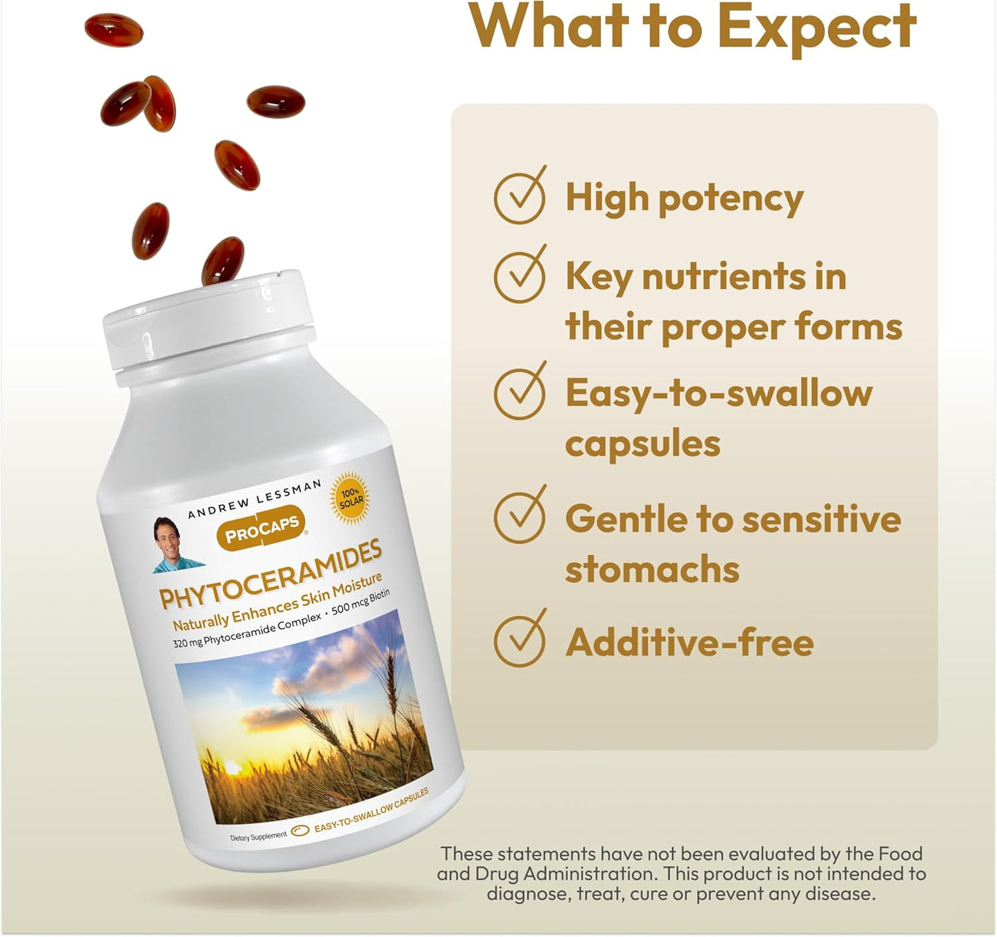 120 Softgels of Andrew Lessman Phytoceramides with Biotin for Naturally Radiant Skin - Additive-Free Moisturizer in Small Easy-to-Swallow Capsules - BoostGo Australia