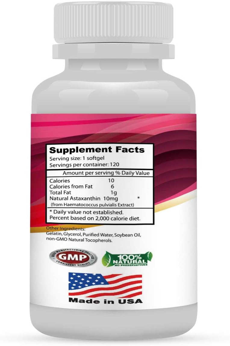 120 Softgels of Astaxanthin 10mg - High Purity Antioxidant & Carotenoid Supplement for Eye, Brain, Joint, Skin, Heart Health - 4 Month Supply