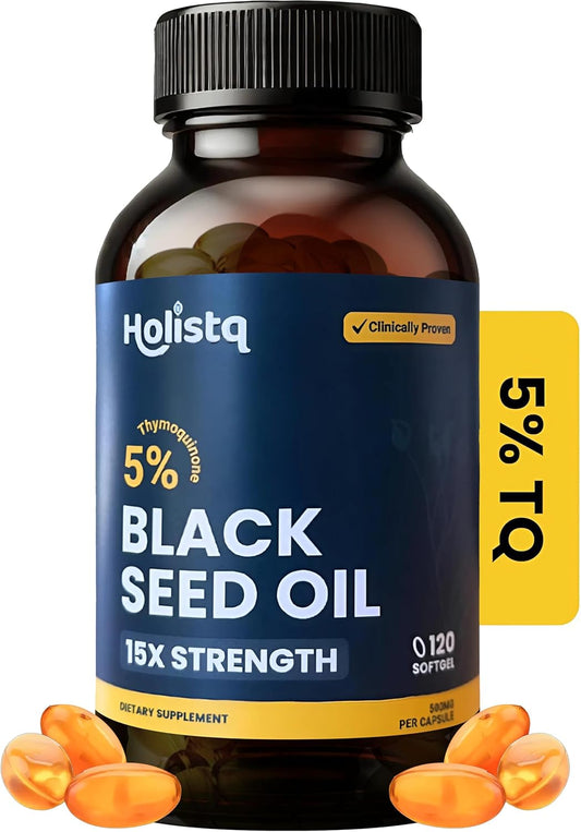 120 Softgels of HOLISTQ Cold Pressed Black Seed Oil Capsules with 5% TQ for Immune Support & Omega 3 6 9 - Vegan & Non-GMO Formula for Hair, Skin, Nails, & Joints