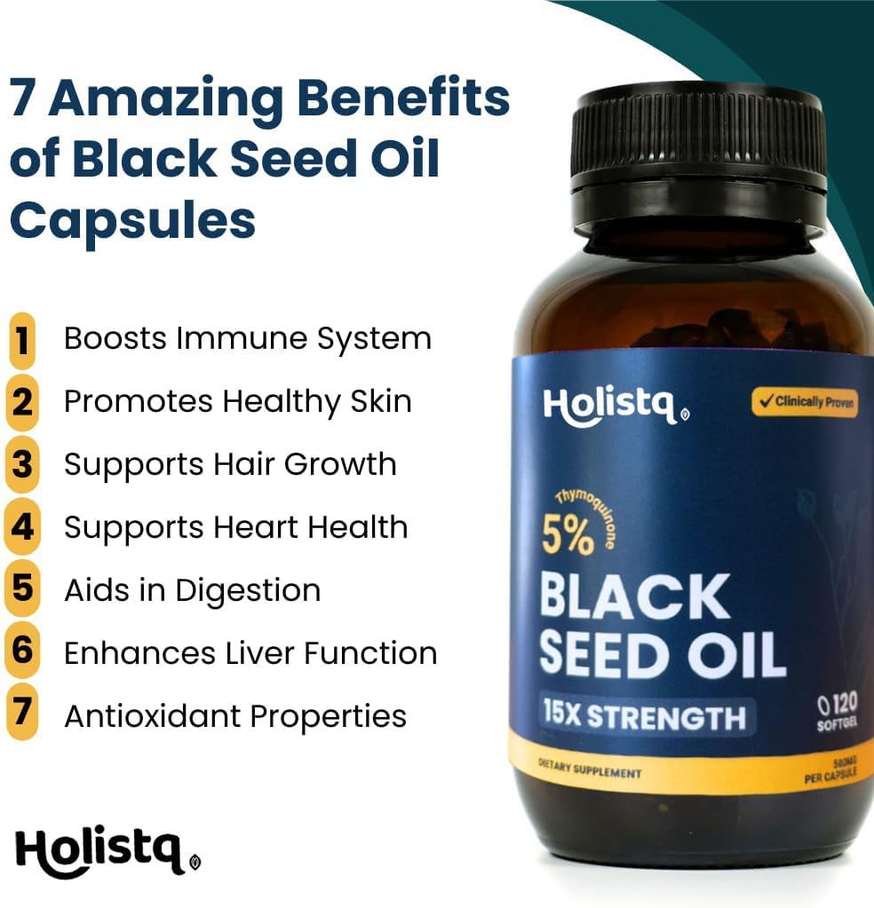 120 Softgels of HOLISTQ Cold Pressed Black Seed Oil Capsules with 5% TQ for Immune Support & Omega 3 6 9 - Vegan & Non-GMO Formula for Hair, Skin, Nails, & Joints