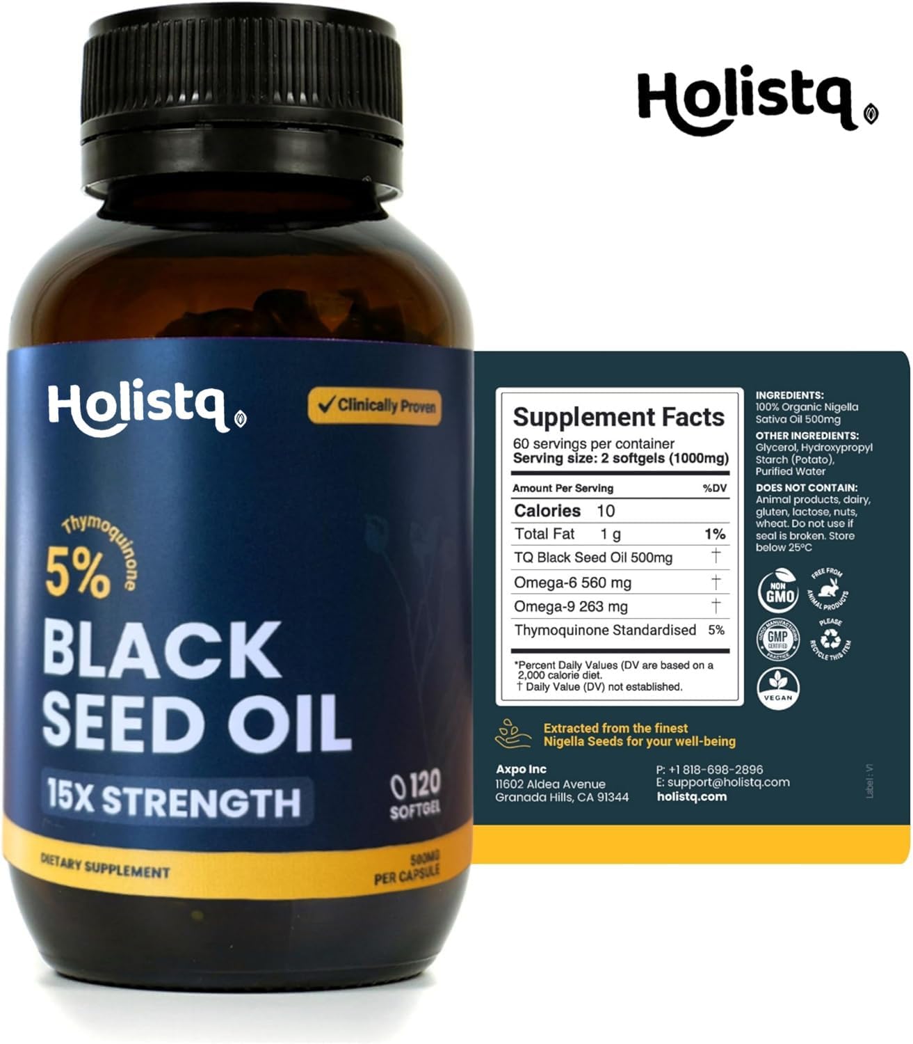 120 Softgels of HOLISTQ Cold Pressed Black Seed Oil Capsules with 5% TQ for Immune Support & Omega 3 6 9 - Vegan & Non-GMO Formula for Hair, Skin, Nails, & Joints