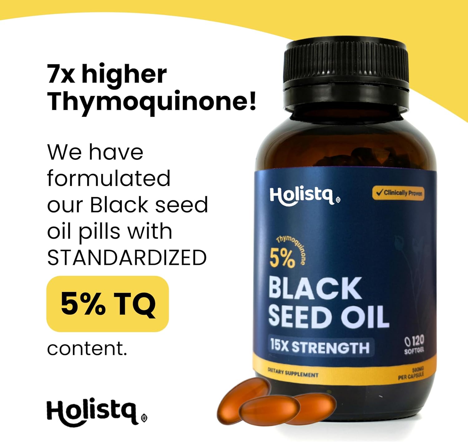 120 Softgels of HOLISTQ Cold Pressed Black Seed Oil Capsules with 5% TQ for Immune Support & Omega 3 6 9 - Vegan & Non-GMO Formula for Hair, Skin, Nails, & Joints