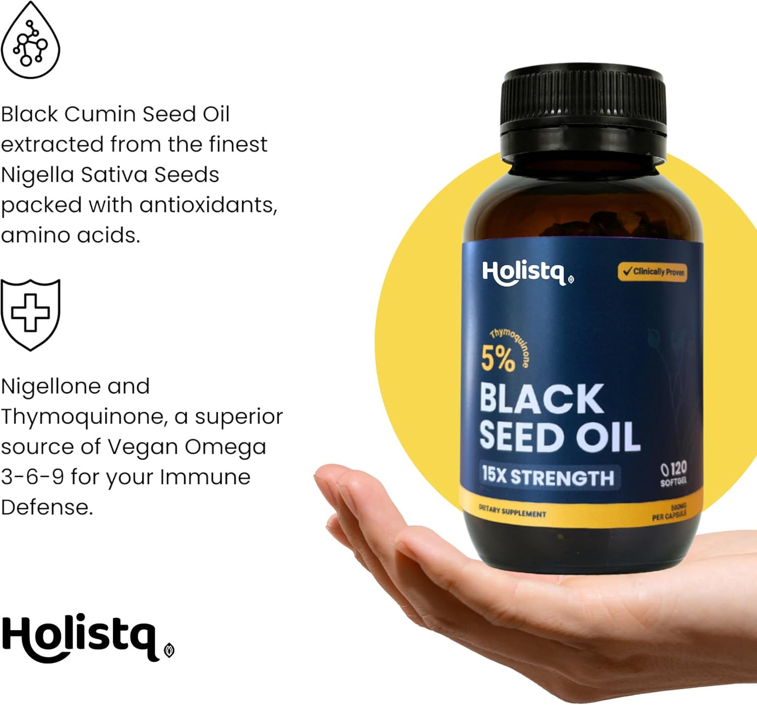 120 Softgels of HOLISTQ Cold Pressed Black Seed Oil Capsules with 5% TQ for Immune Support & Omega 3 6 9 - Vegan & Non-GMO Formula for Hair, Skin, Nails, & Joints