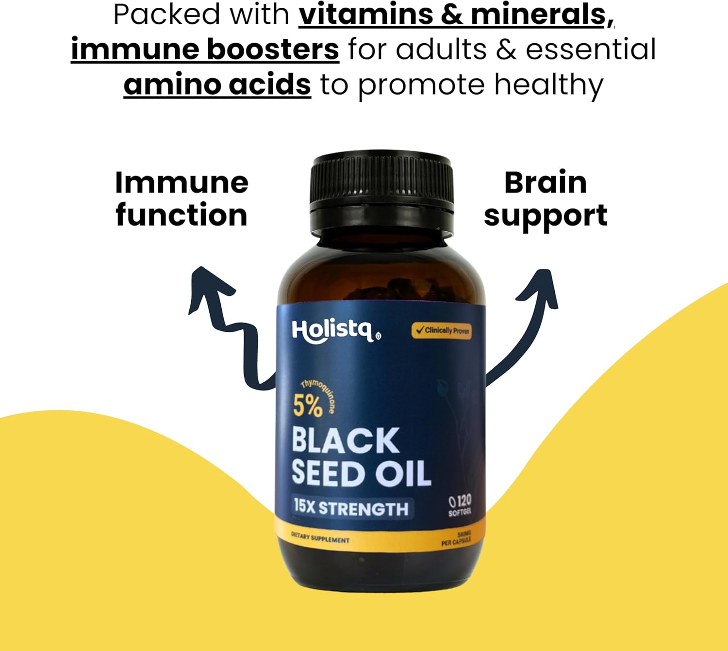120 Softgels of HOLISTQ Cold Pressed Black Seed Oil Capsules with 5% TQ for Immune Support & Omega 3 6 9 - Vegan & Non-GMO Formula for Hair, Skin, Nails, & Joints