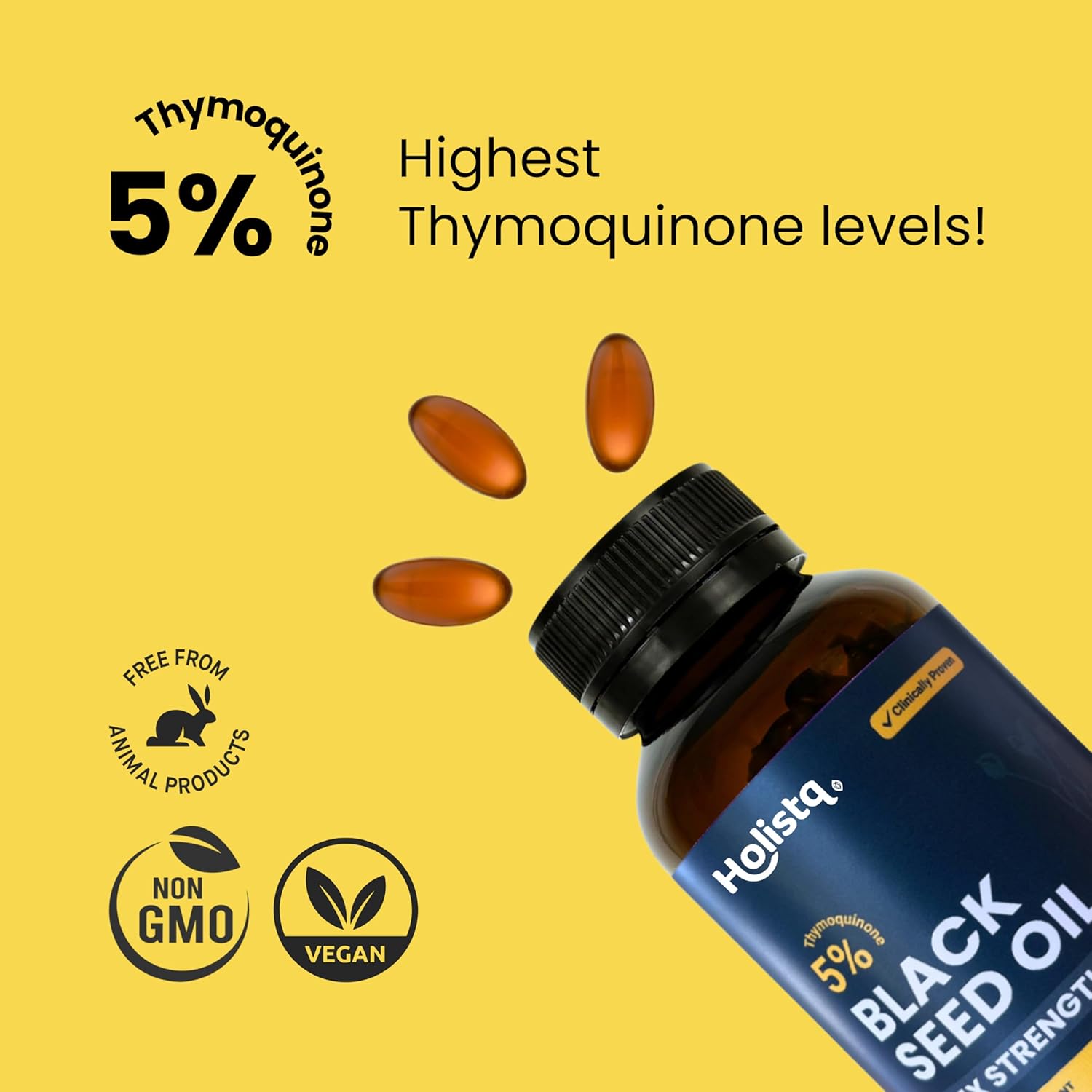 120 Softgels of HOLISTQ Cold Pressed Black Seed Oil Capsules with 5% TQ for Immune Support & Omega 3 6 9 - Vegan & Non-GMO Formula for Hair, Skin, Nails, & Joints