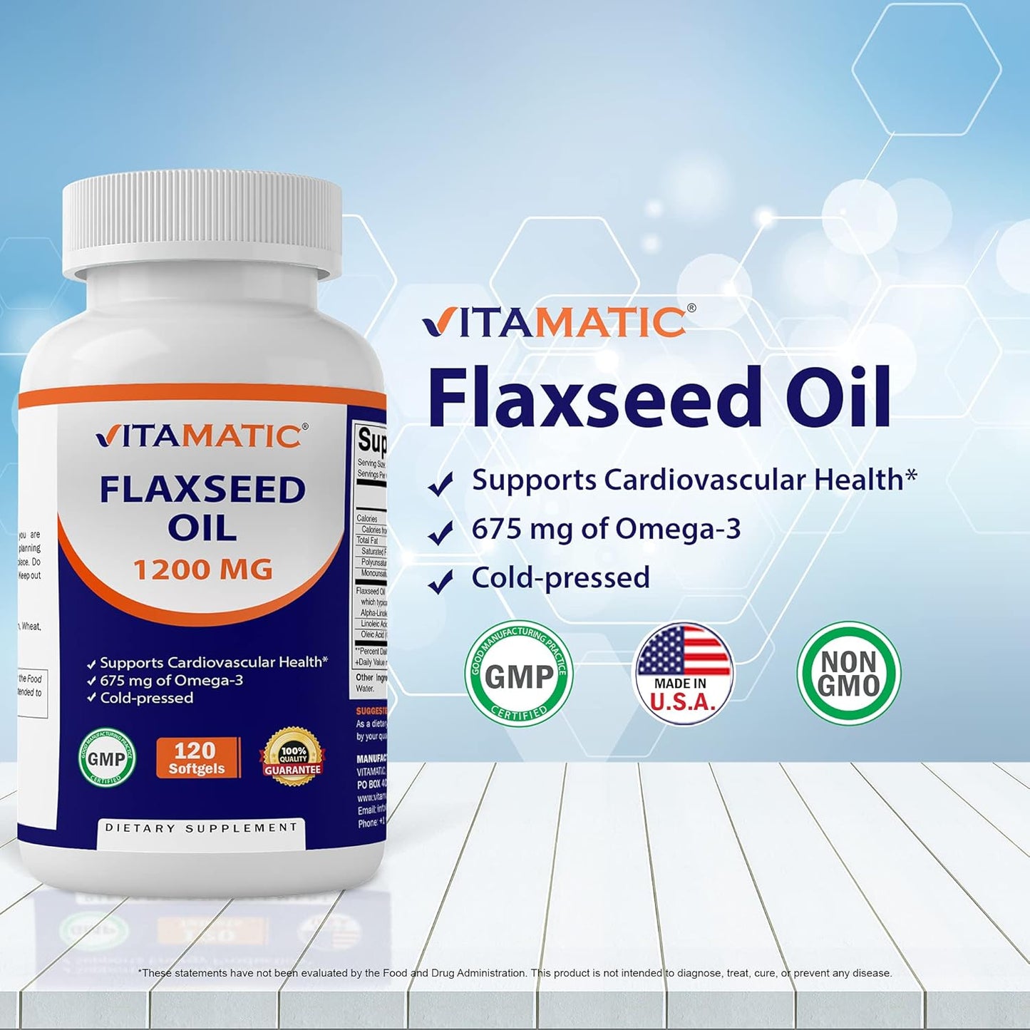 120 Softgels of Vitamatic Cold Pressed Flaxseed Oil 1200mg - Rich in 675mg of ALA Omega-3 Fatty Acids for Heart Health