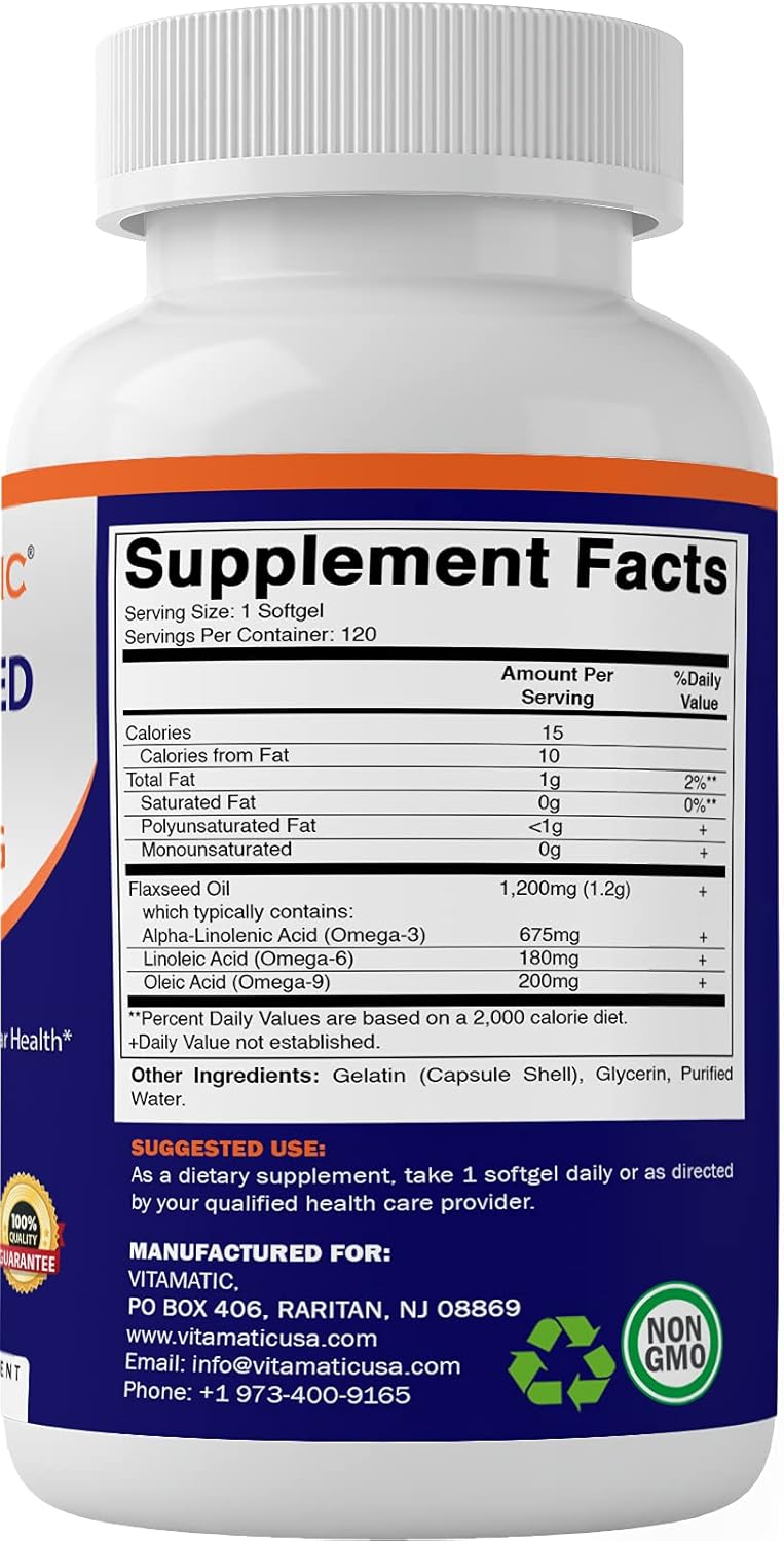 120 Softgels of Vitamatic Cold Pressed Flaxseed Oil 1200mg - Rich in 675mg of ALA Omega-3 Fatty Acids for Heart Health