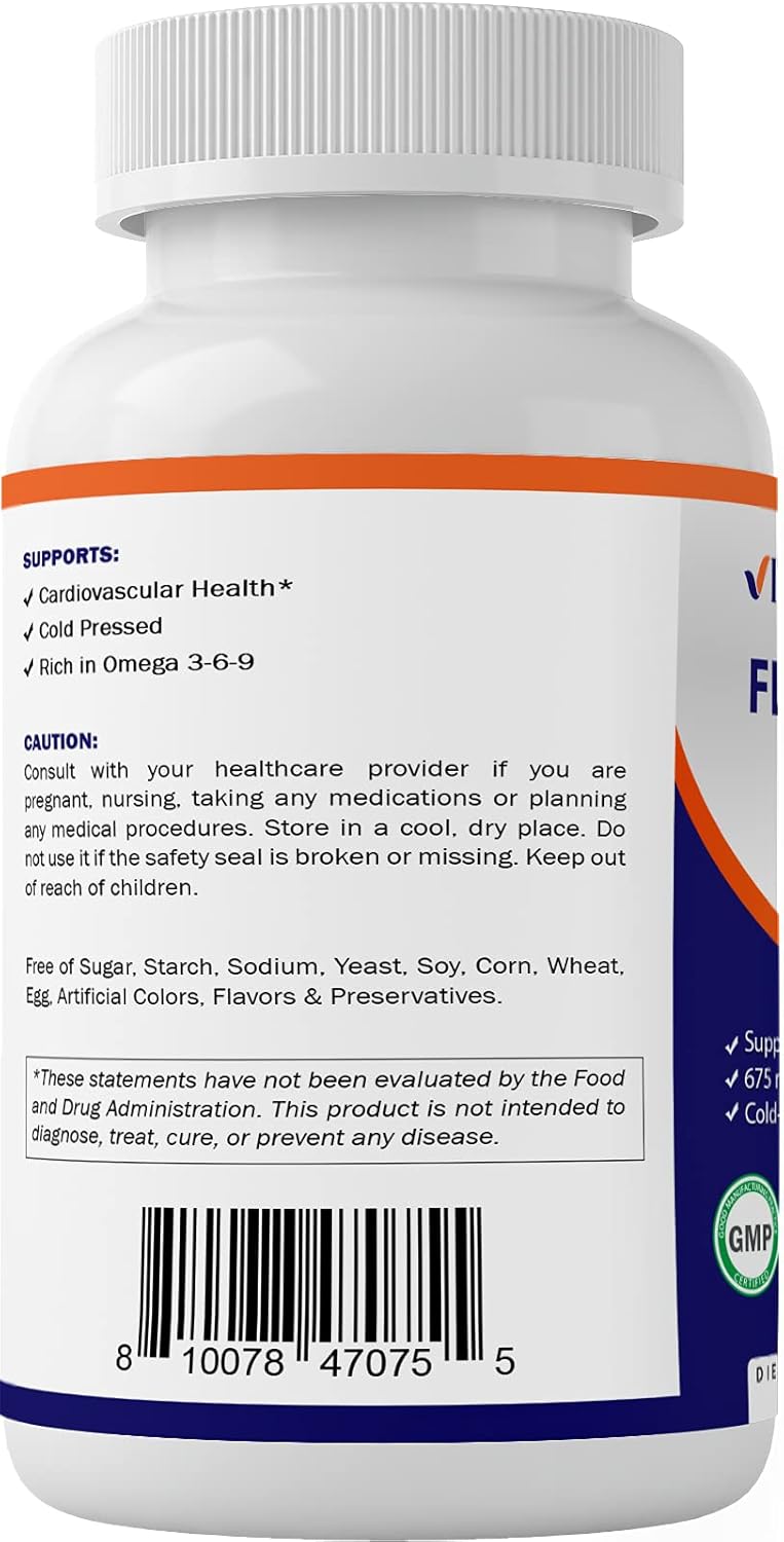 120 Softgels of Vitamatic Cold Pressed Flaxseed Oil 1200mg - Rich in 675mg of ALA Omega-3 Fatty Acids for Heart Health
