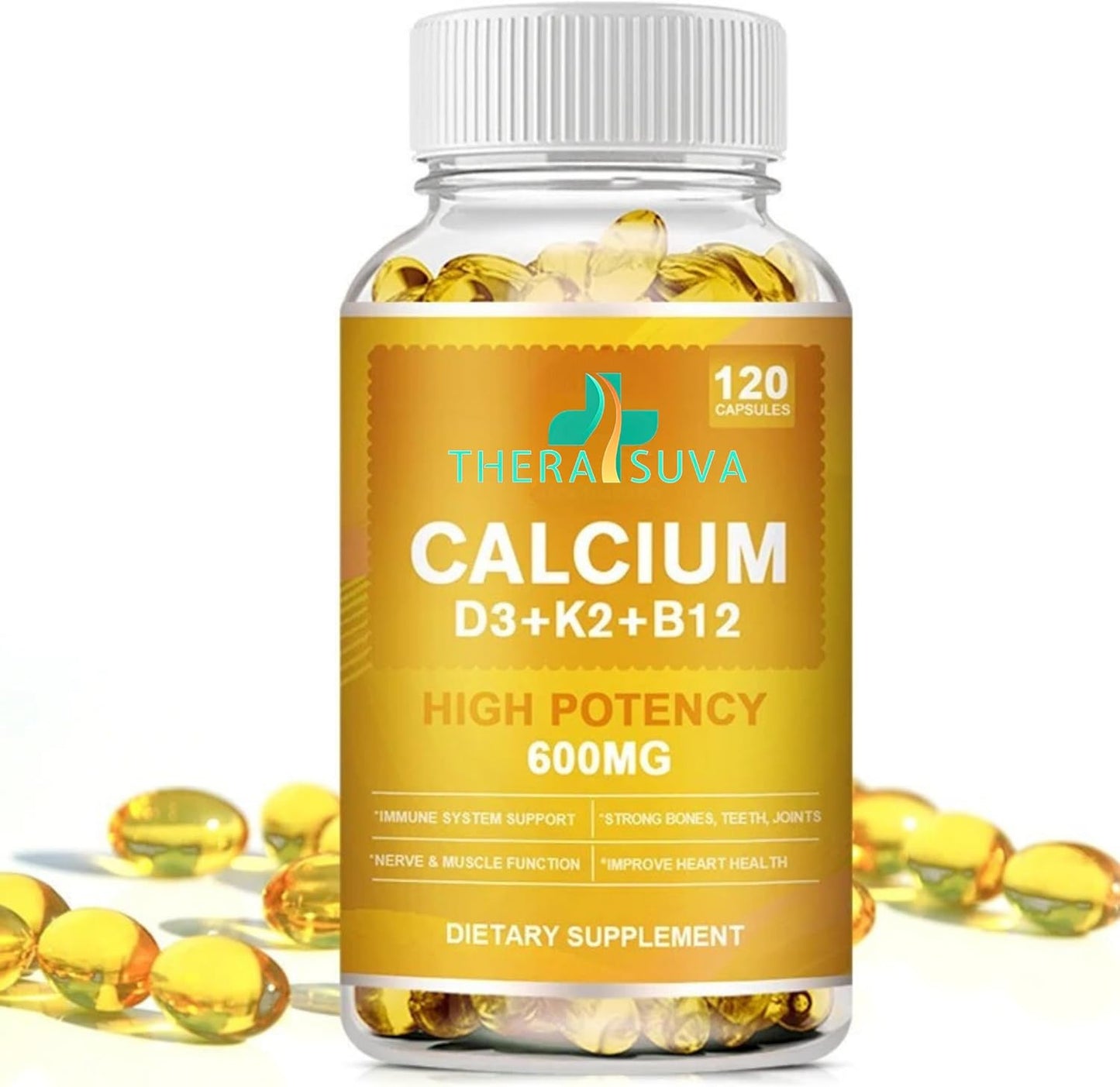 120 Softgels TheraSuva Extra Strength Calcium 600mg + Vitamin D3 5000iu + K2 + B12 Complex for Bone & Immune Health, 60 Day Supply