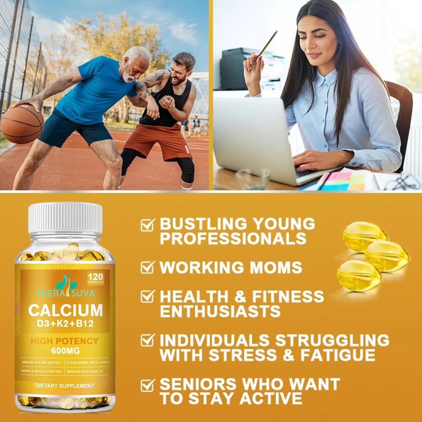 120 Softgels TheraSuva Extra Strength Calcium 600mg + Vitamin D3 5000iu + K2 + B12 Complex for Bone & Immune Health, 60 Day Supply