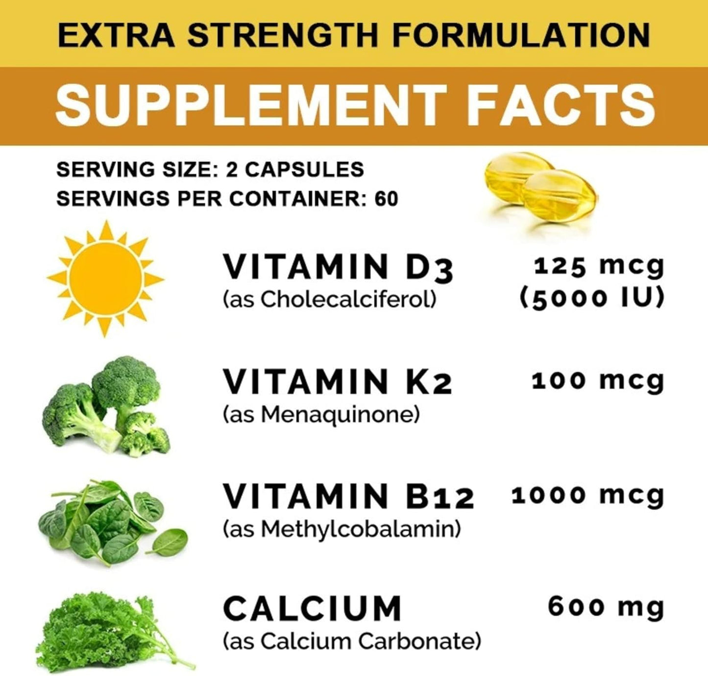 120 Softgels TheraSuva Extra Strength Calcium 600mg + Vitamin D3 5000iu + K2 + B12 Complex for Bone & Immune Health, 60 Day Supply