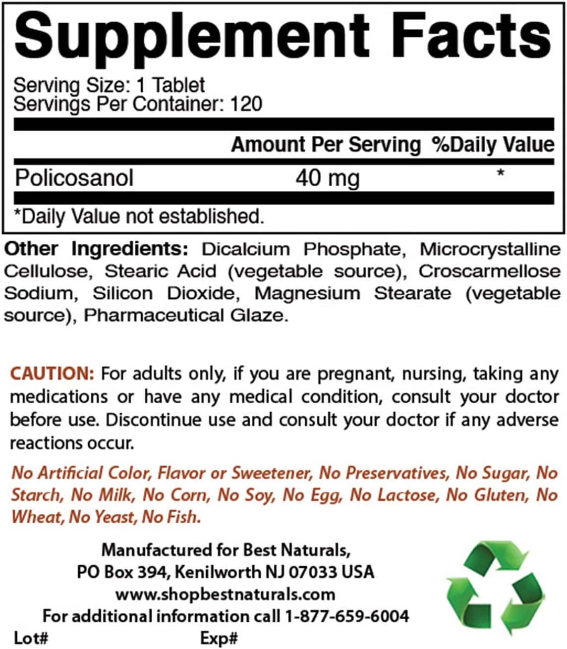 120 Tablets of Best Naturals Policosanol 40mg - Supports Cardiovascular Health*