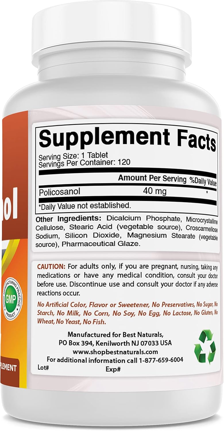 120 Tablets of Best Naturals Policosanol 40mg - Supports Cardiovascular Health*