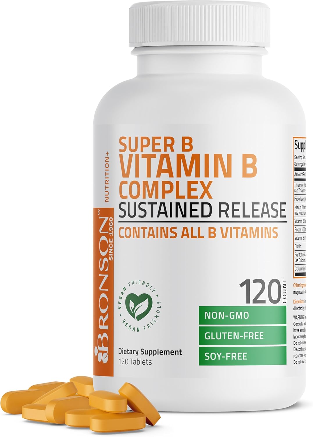 120 Tablets of Bronson Super B Vitamin B Complex with Sustained Slow Release - Contains Vitamin B1, B2, B3, B6, B9, B12 - All B Vitamins Included