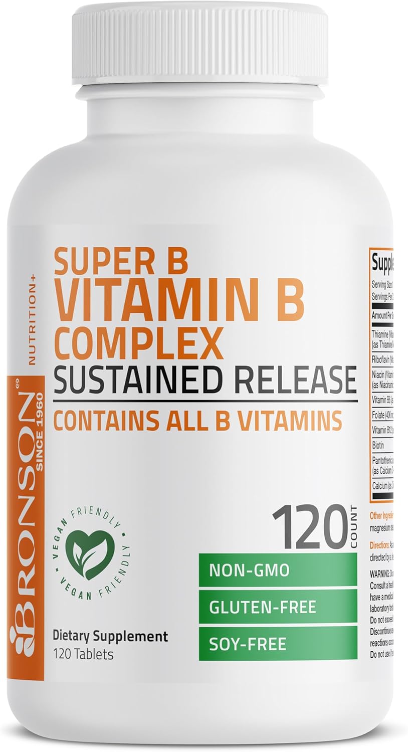 120 Tablets of Bronson Super B Vitamin B Complex with Sustained Slow Release - Contains Vitamin B1, B2, B3, B6, B9, B12 - All B Vitamins Included